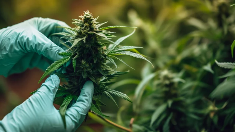 Female scientist in medical gloves holding a cannabis plant in her hand
